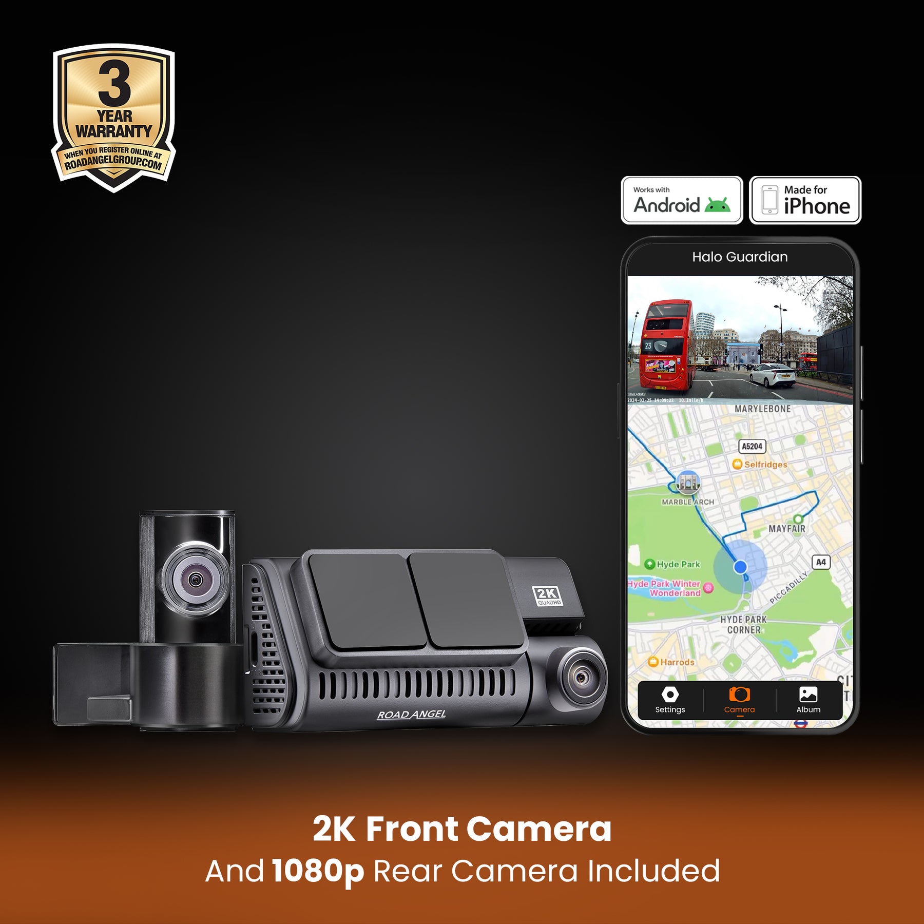 Halo Guardian 2K+ Dual Dash Cam with 3.2" Screen, Parking Mode & Quick Release mounting