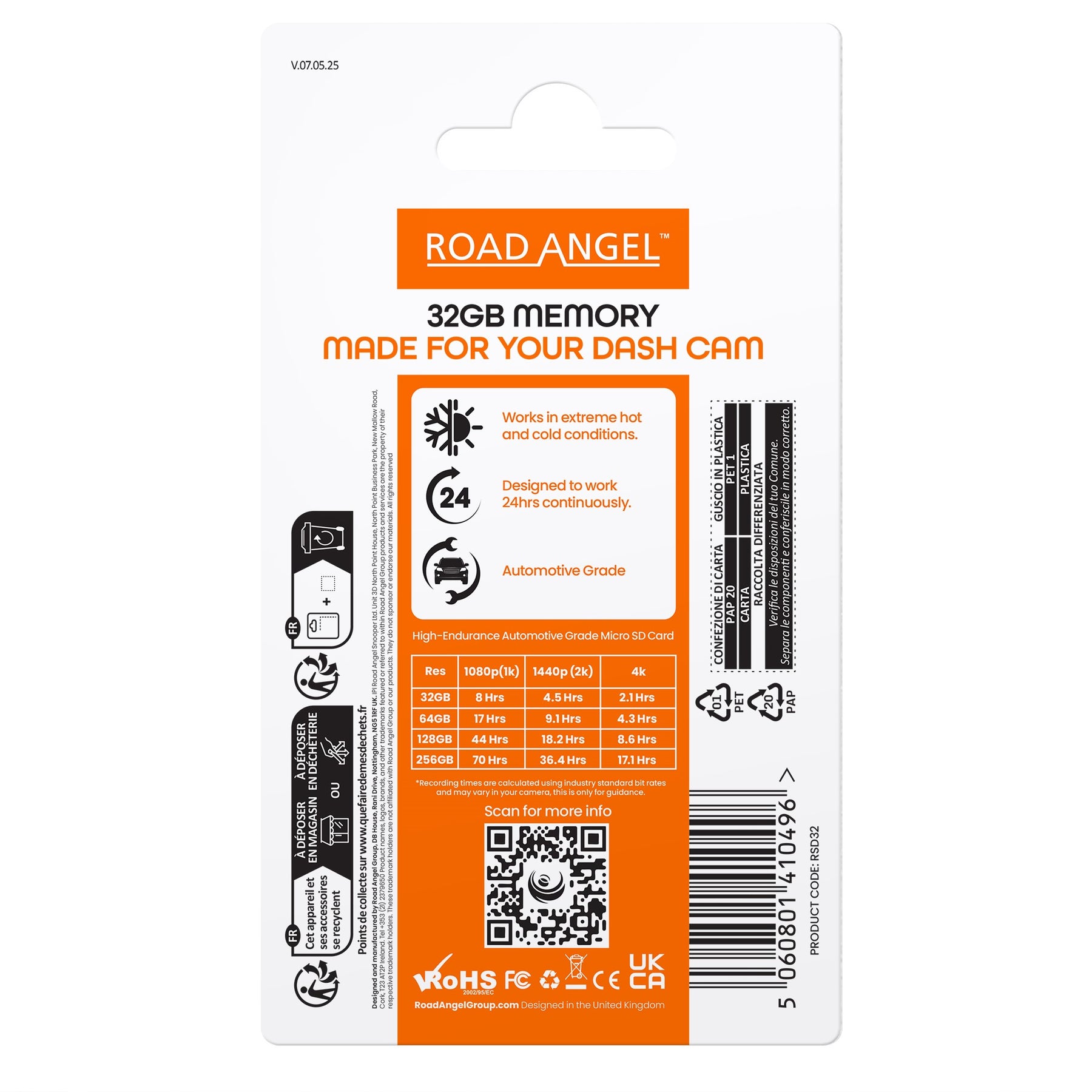 Carte MicroSD Road Angel - Conçue pour les caméras de tableau de bord Halo